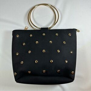 Gold Studded Vegan Black Handbag Gold Ring Handles Converts to Crossbody